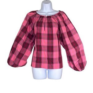 Kate Spade Pink Plaid Long Sleeves Greenhouse‎ Top Large $268 NWT Preppy Holiday
